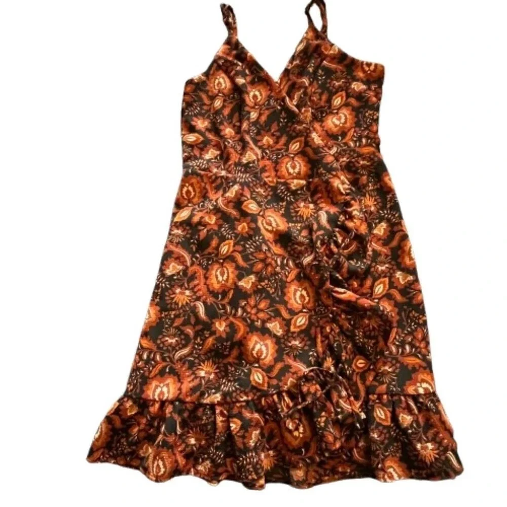 Free People Floral Faux Wrap Mini Dress Rust Orange Ruffle Hem XS OB810871